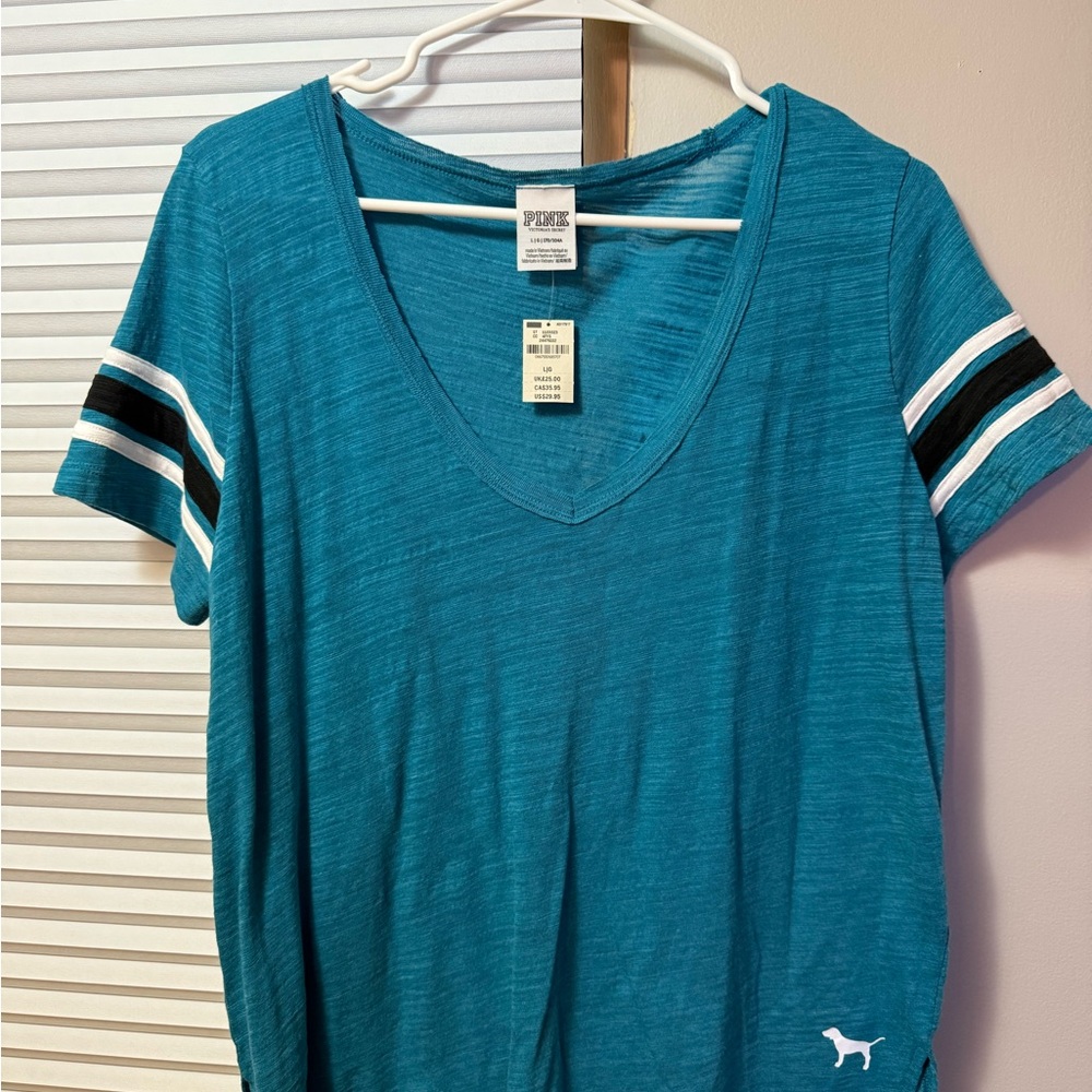 Victoria’s Secret PINK Teal V-Neck T-Shirt with Striped Sleeves